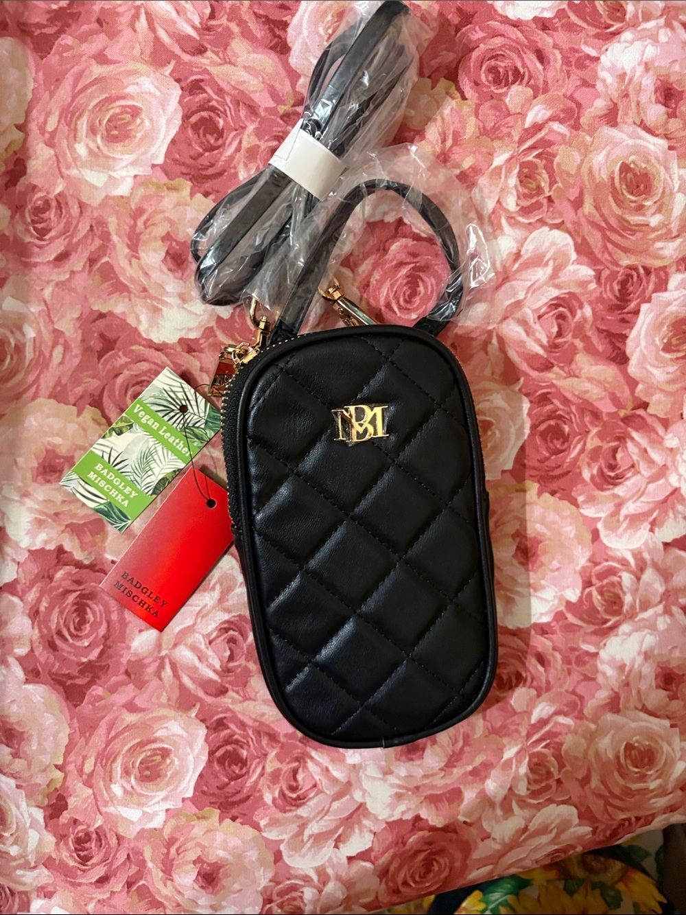 Badgley Mischka Black Quilted Crossbody Phone Pouch with Gold Logo